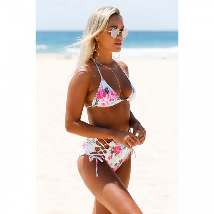 Strappy Floral Print Retro High Waist Swimsuit