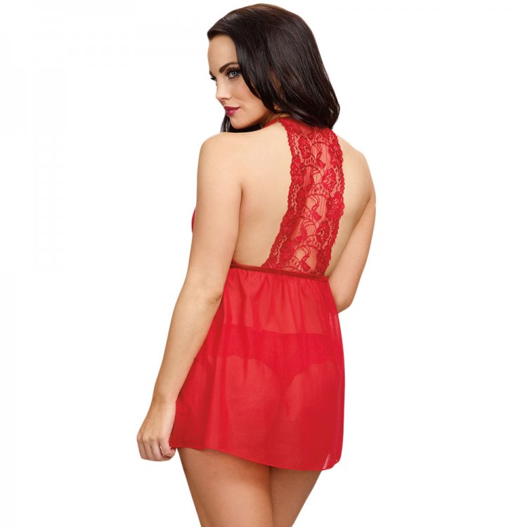 Red Valentine Sexy Lace Mesh Babydoll Lingerie Set