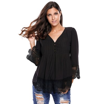 Black Lace Detail Button Up Sleeved Blouse