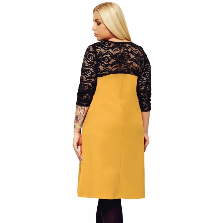 Yellow O Neck Lace Splice Plus Size Dress