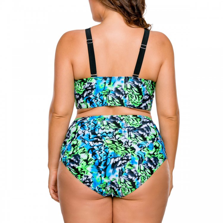 Plus Size Blue Green Print High Waist Bikini Swimsuit