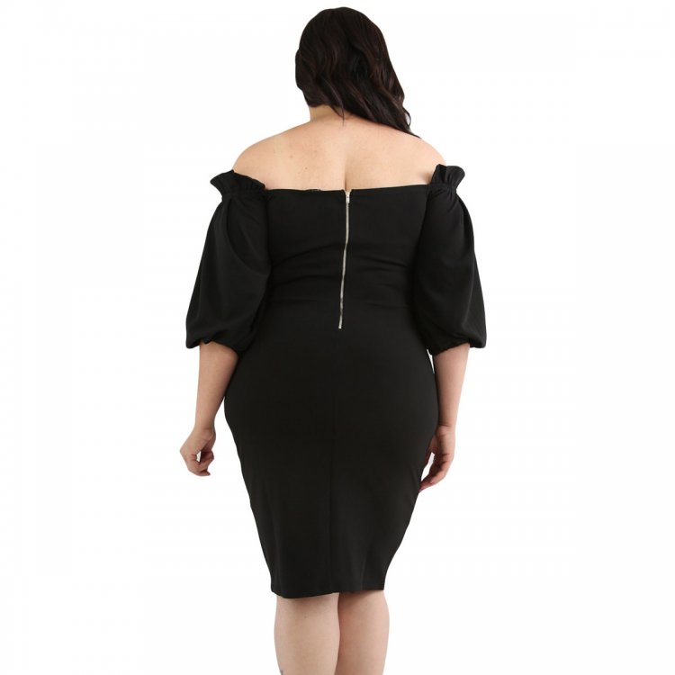 Black Pleated Shoulder Plus Bodycon Dress