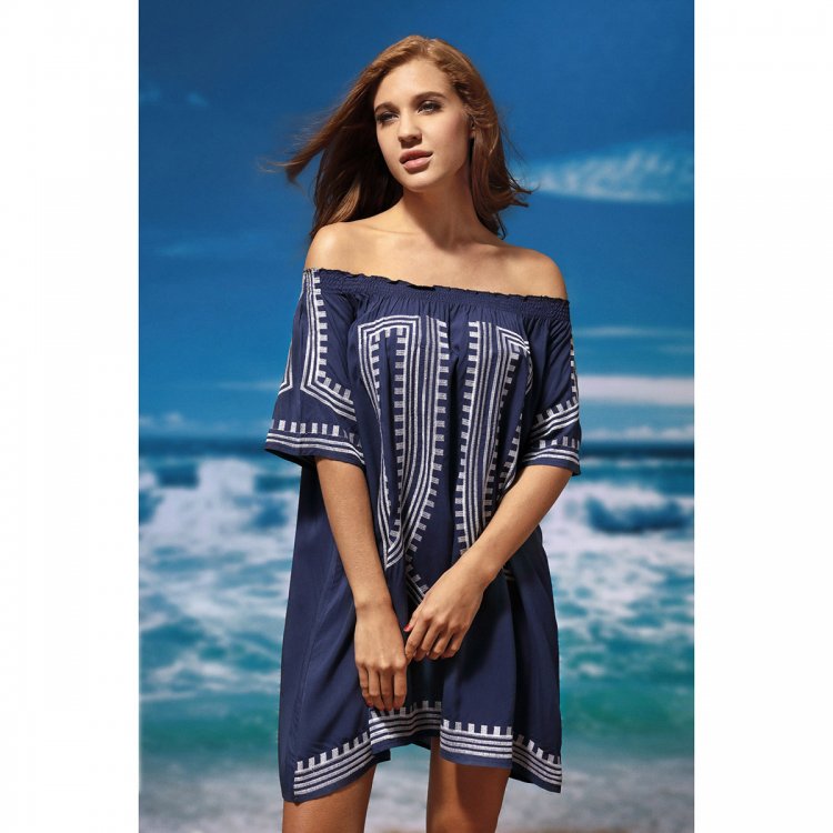 Bohemian Vibe Geometric Print Off The Shoulder Beach Dress