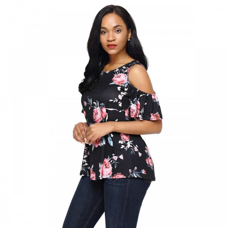 Pink Floral Print Black Background Womens Top