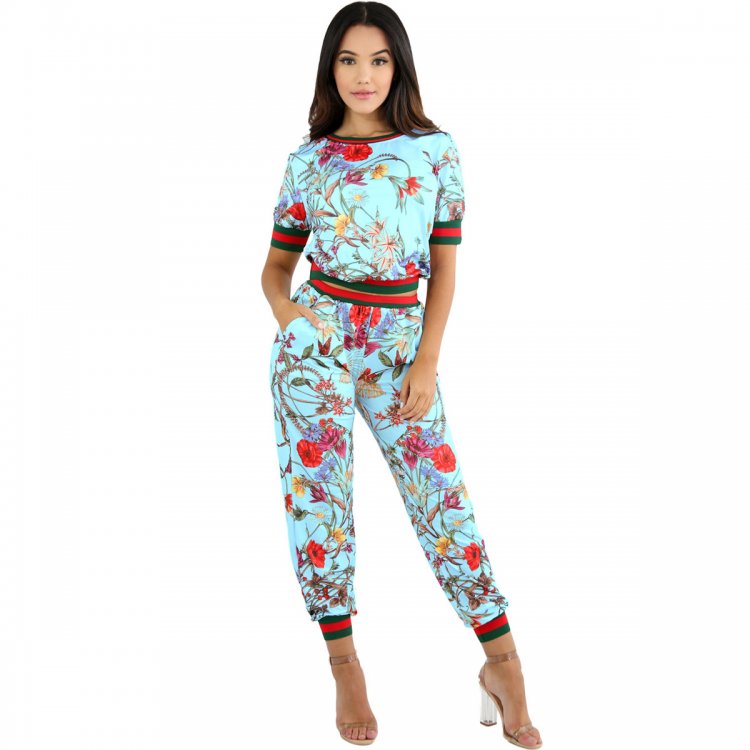 Light Blue Red Floral Print Two Piece Jogger Set