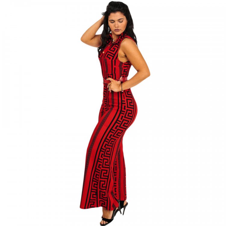 Plus Size Red Print Gold Belted Jumpsuit