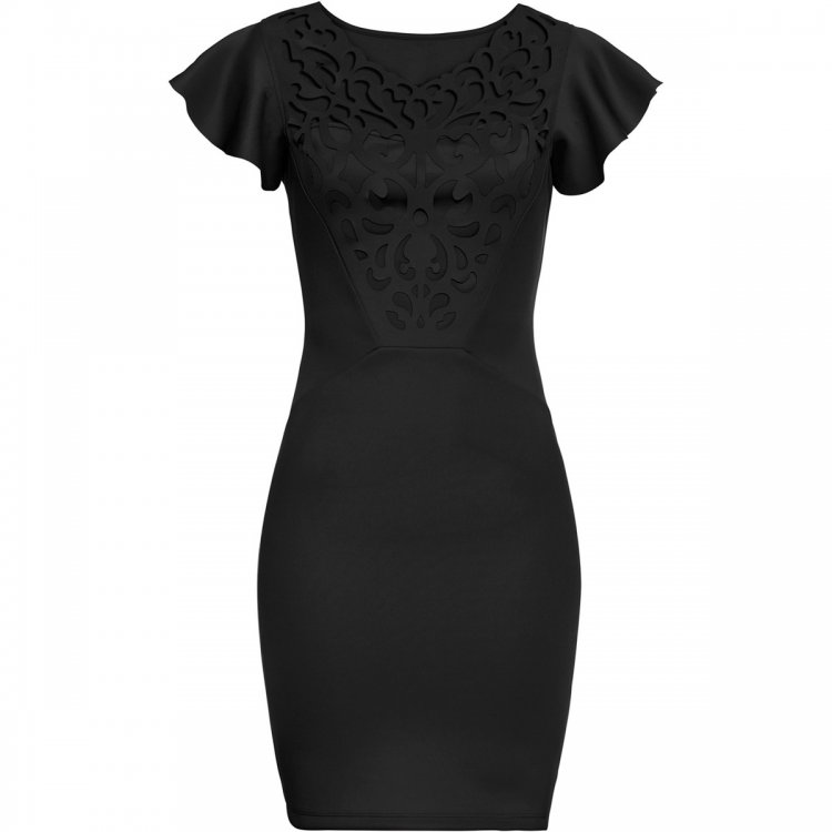 Black Ruffle Sleeves Lace Hollow Out Short Cocktail Dress