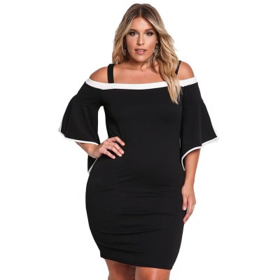 Black Plus Size Cold Shoulder Bell Sleeve Bodycon Dress