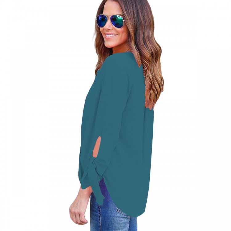 Green Womens V Neck Ruched Tie Sleeve Top