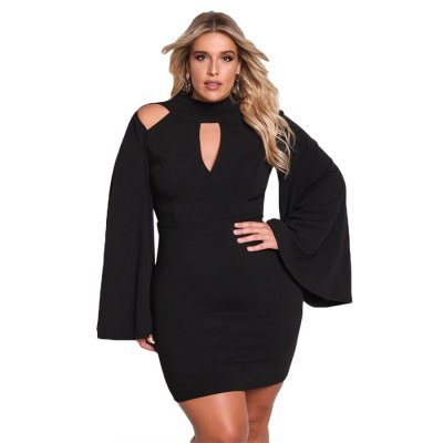 Black Plus Size Cut Out Bell Sleeve Bodycon Dress
