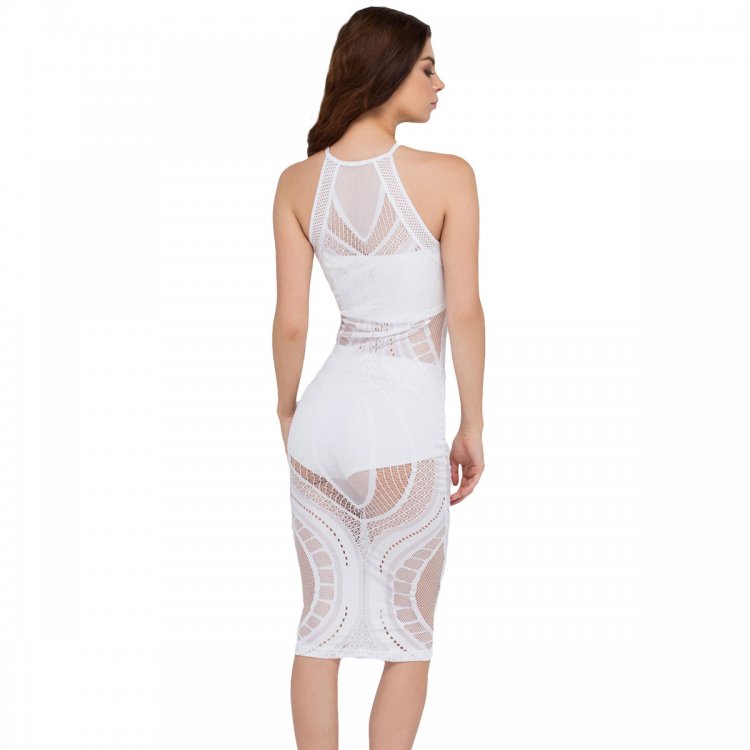 White Net-working Sheer Bodycon Midi Dress