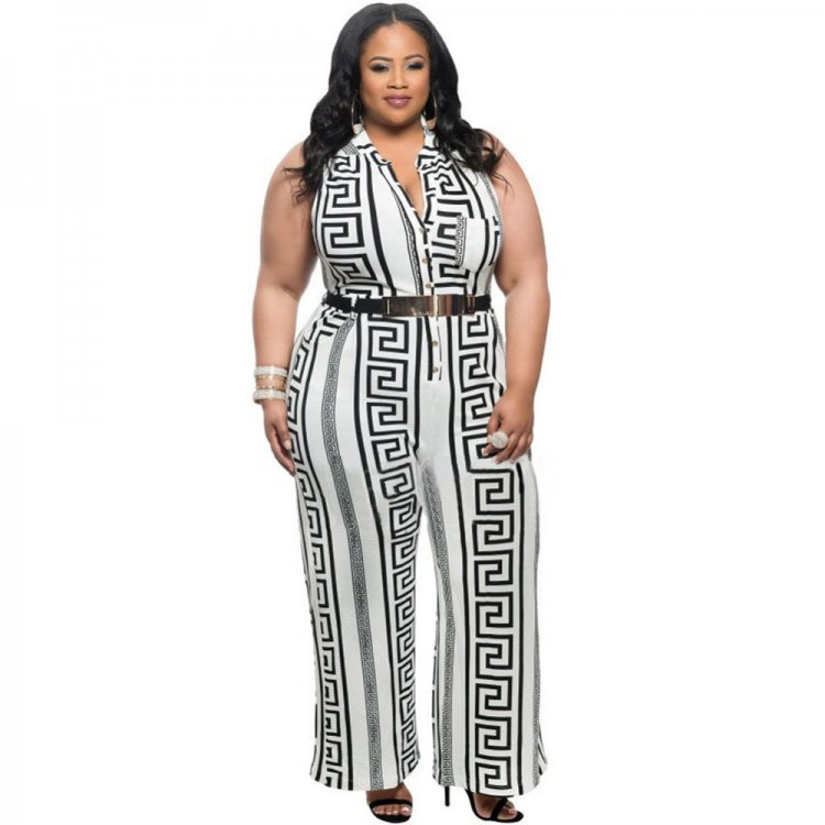 Plus Size White Print Gold Belted Jumpsuit