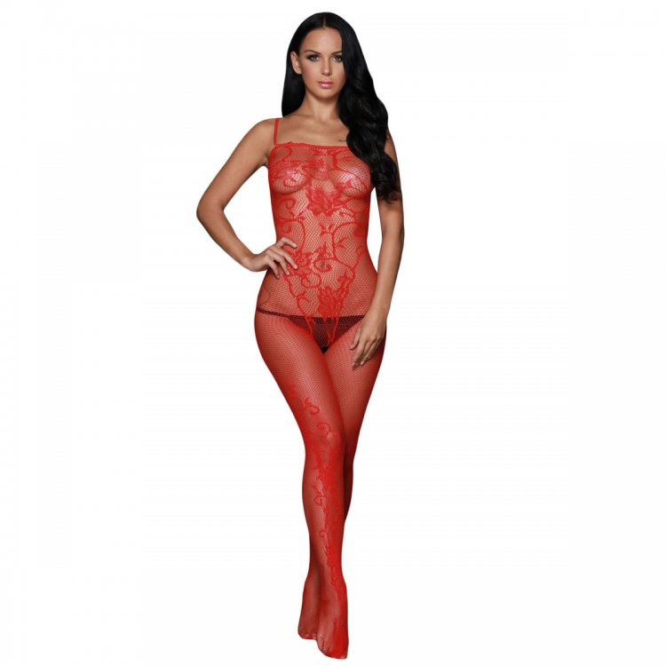 Red Sleeveless Floral Tattoo Body Stocking