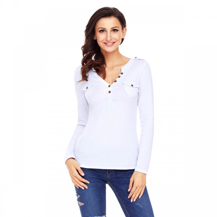 White Button Long Sleeve Top with Pockets