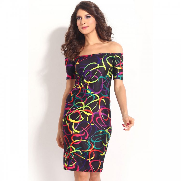 Colorful Circles Print Black Midi Dress