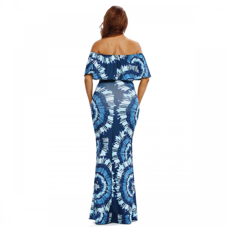 Color Gradient Fanshape Print Off-the-shoulder Maxi Dress