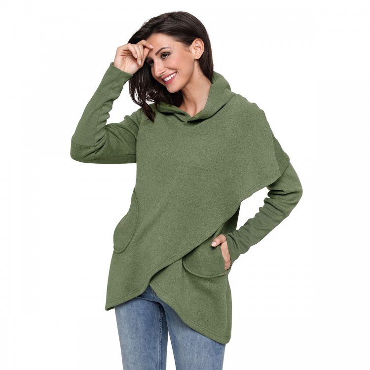 Army Green Tulip Wrap Cape Style Long Sleeve Hoodie