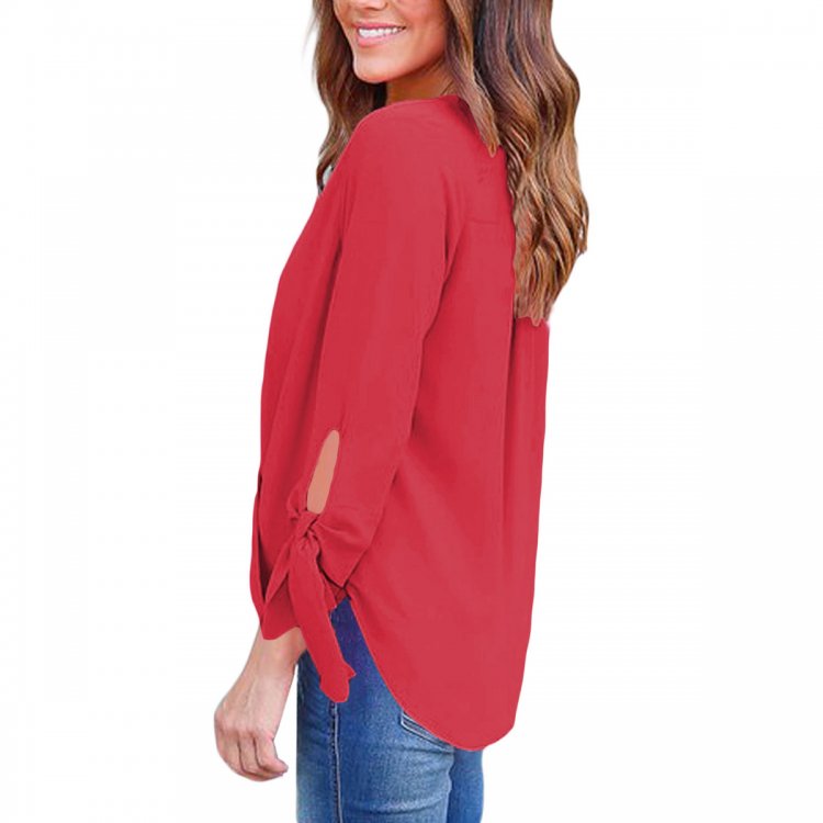 Red Womens V Neck Ruched Tie Sleeve Top