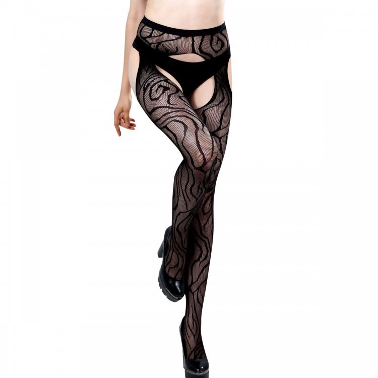 Black Sheer Whorl Lace Open Crotch Pantyhose