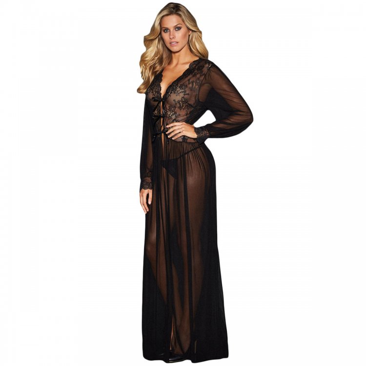 Sheer Long Sleeve Lace Robe with Thong