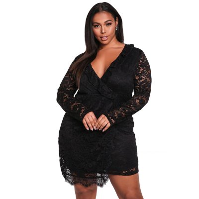 Black Plus Size Lace Faux Wrap Ruffle Dress