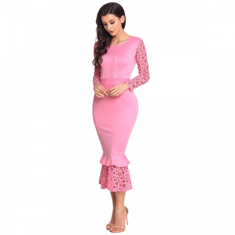 Pink Hollow-out Long Sleeve Lace Ruffle Bodycon Midi Dress