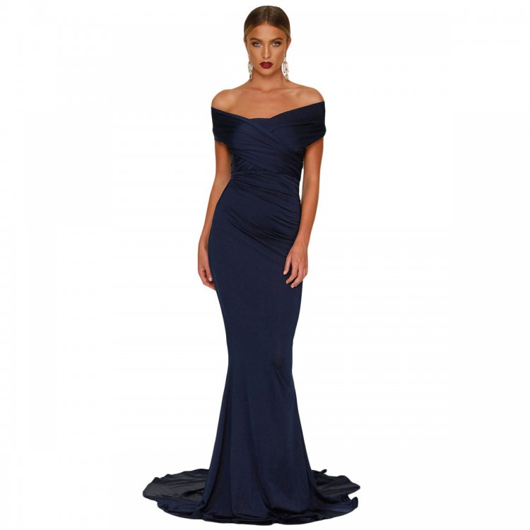 Navy Blue Off-shoulder Mermaid Wedding Party Gown