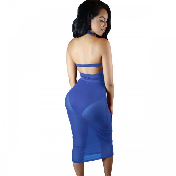 Blue Caged Bandage Bodysuit with Sheer Mesh Skirt