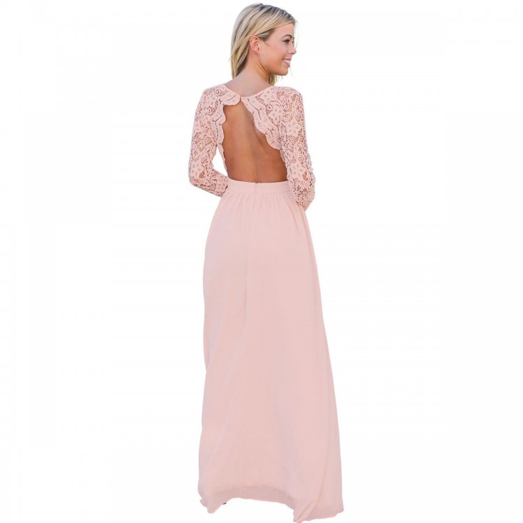 Pink Open Back Long Sleeve Crochet Maxi Party Dress