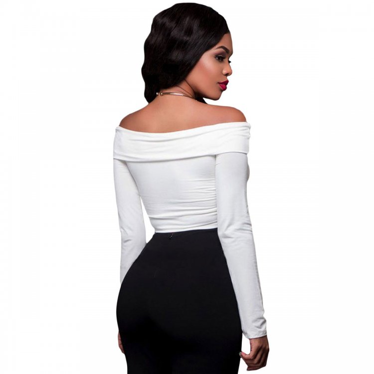 White Knotted Front Off-the-shoulder Long Sleeve Top