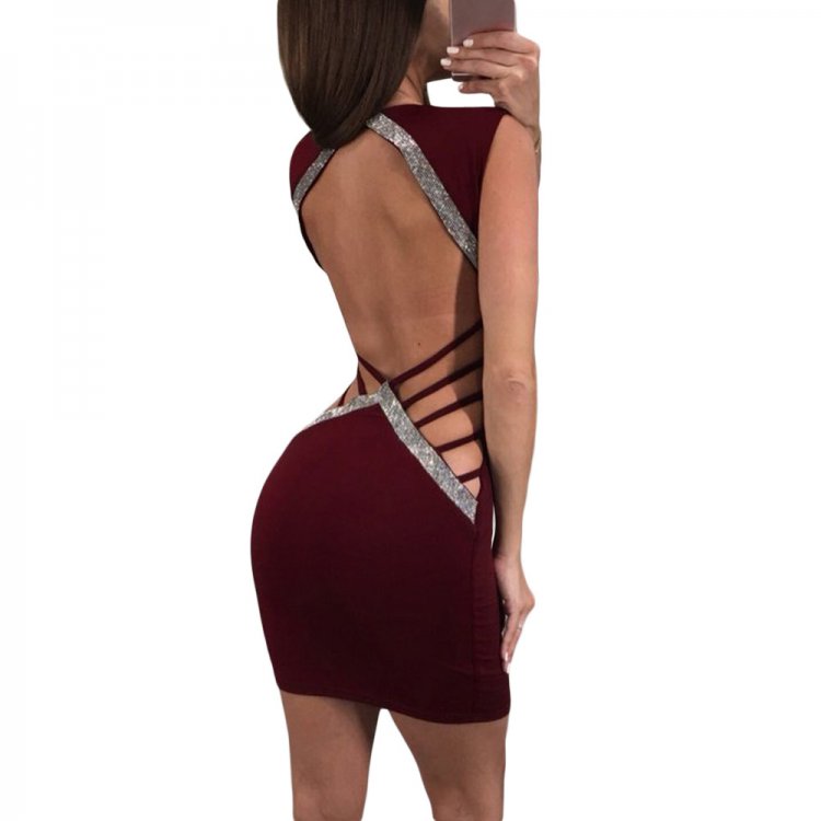 V Neck Hollow-out Silver Trim Wine Bodycon Prom Dress