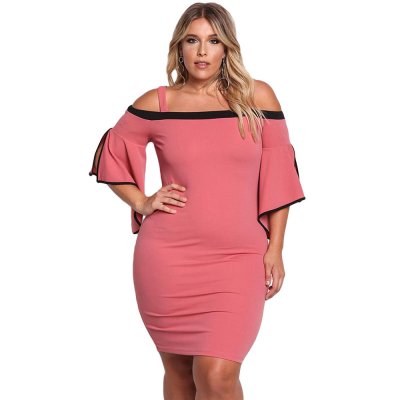 Pink Plus Size Cold Shoulder Bell Sleeve Bodycon Dress