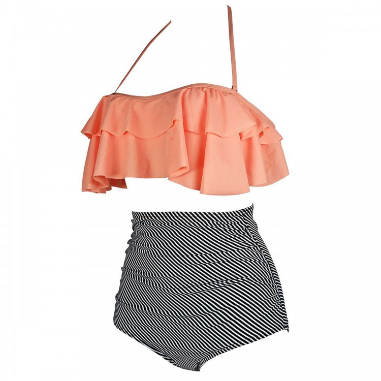 Orange & Zebra Striped Retro Boho Flounce High Waist Swimsuit
