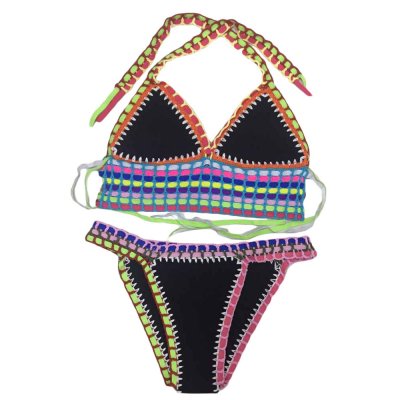 Multicolor Tie Up Crochet Black Neoprene Bikini Swimsuit