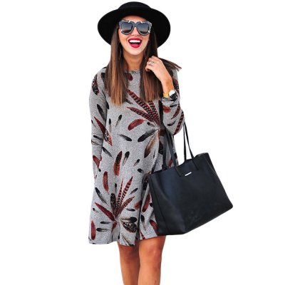 Gray Feather Graphic Pocket Tunic Dress