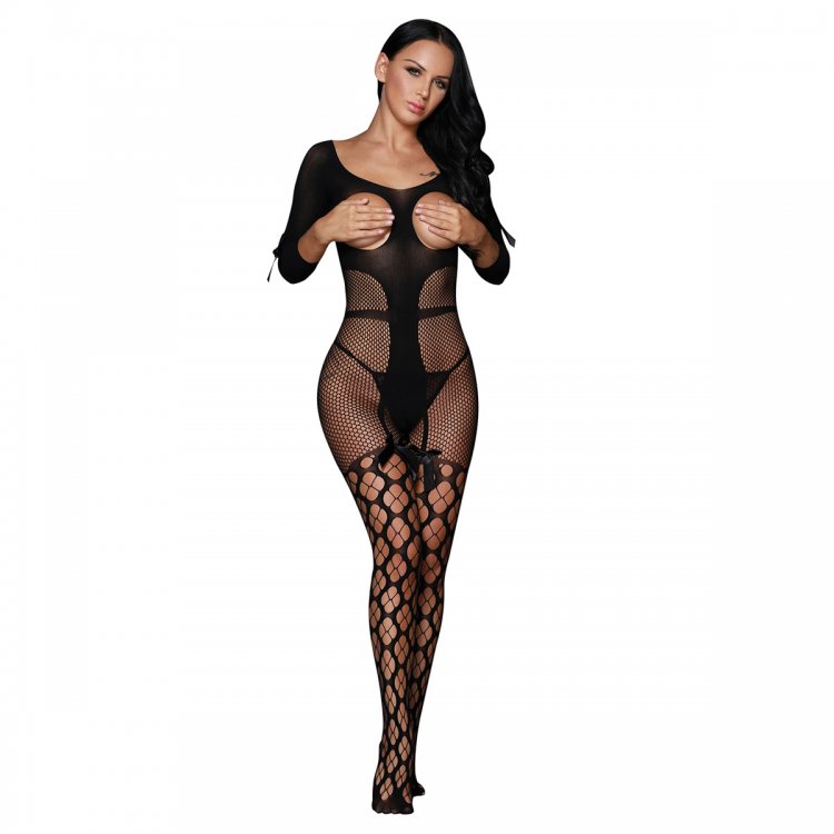 Sexy Open Cup Fishnet Off-shoulder Bodystocking with Bow