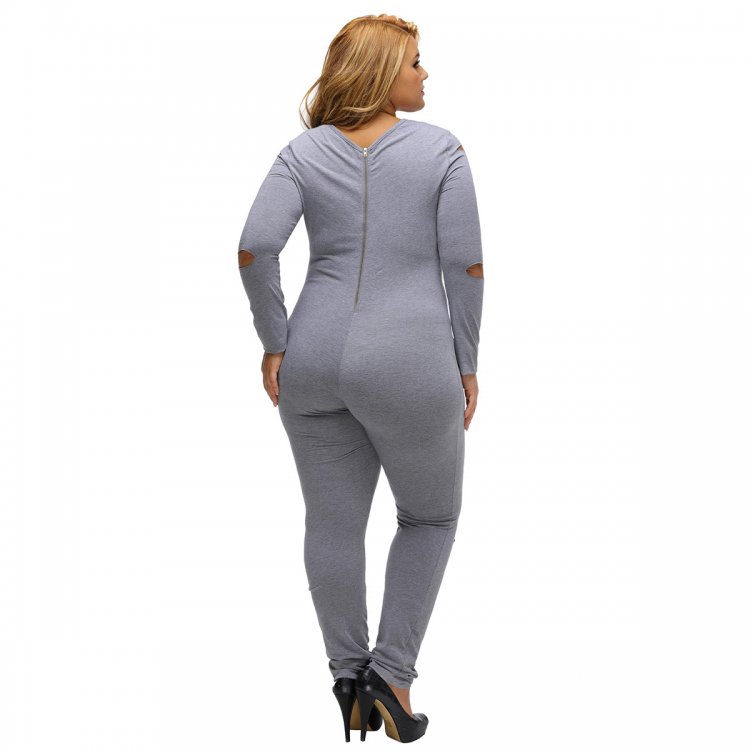 Gray Plus Size Slit Long Sleeve Jumpsuit