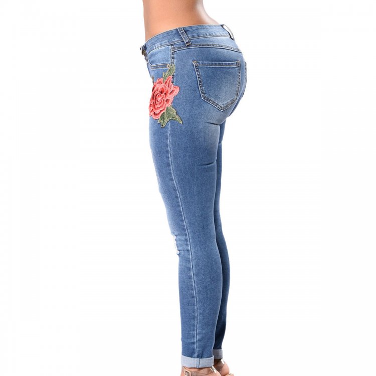 Rose Embroidered Whisker Detail Skinny Jeans