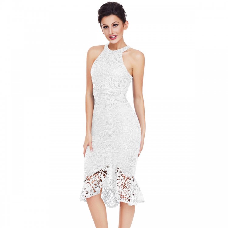 White Sleeveless Lace Fishtail Bodycon Dress