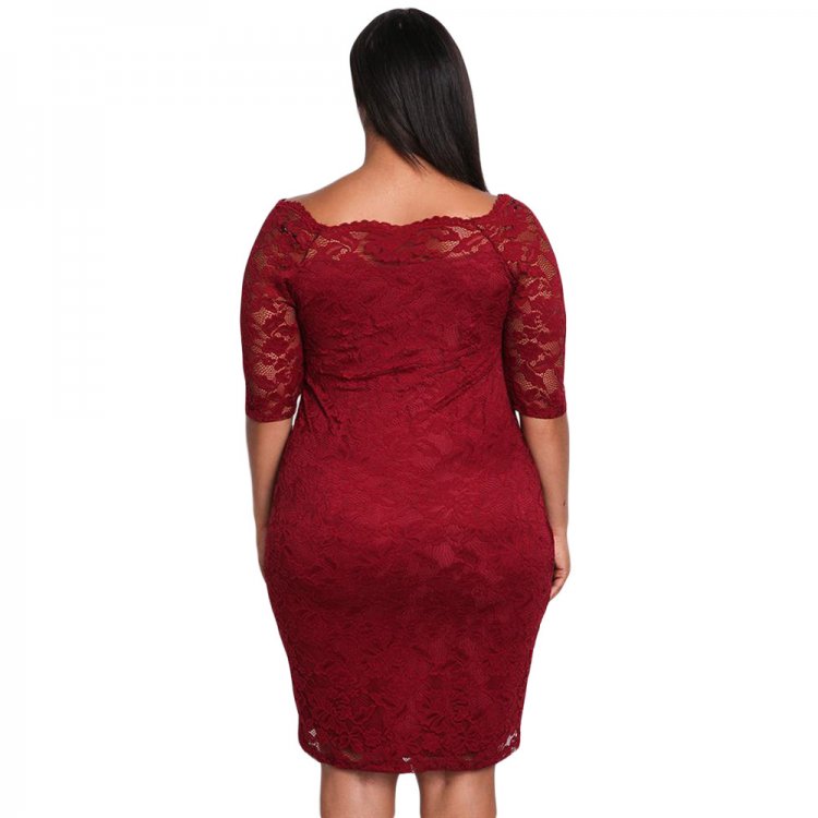Burgundy Plus Size Floral Lace Bodycon Dress