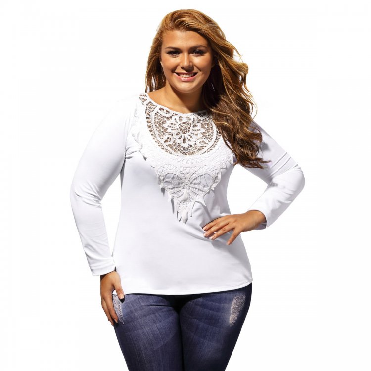 White Long Sleeves Plus Size Crochet Lace Top