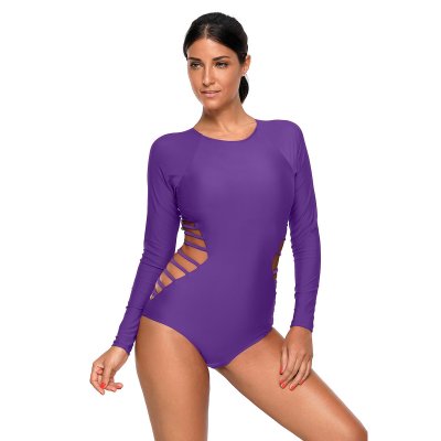 Dark Purple Long Sleeve Strappy Hollow-out One-piece Surf Swimsuit