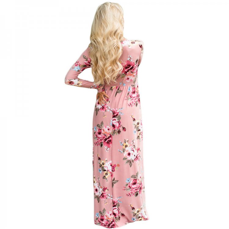 Mauve Floral Surplice Long Sleeve Maxi Boho Dress