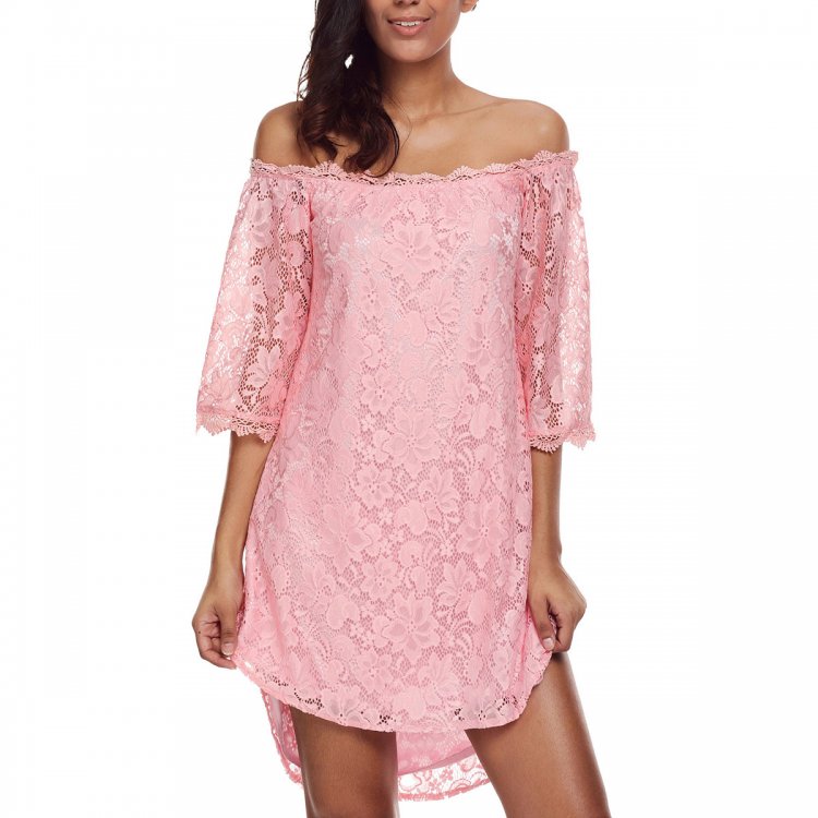 Pink Off The Shoulder 3/4 Sleeve Floral Lace Dress