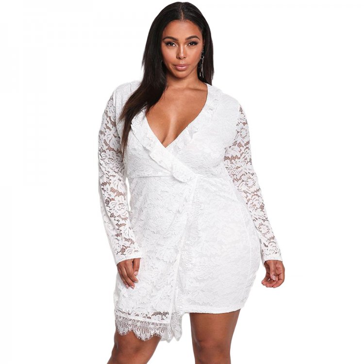 White Plus Size Lace Faux Wrap Ruffle Dress