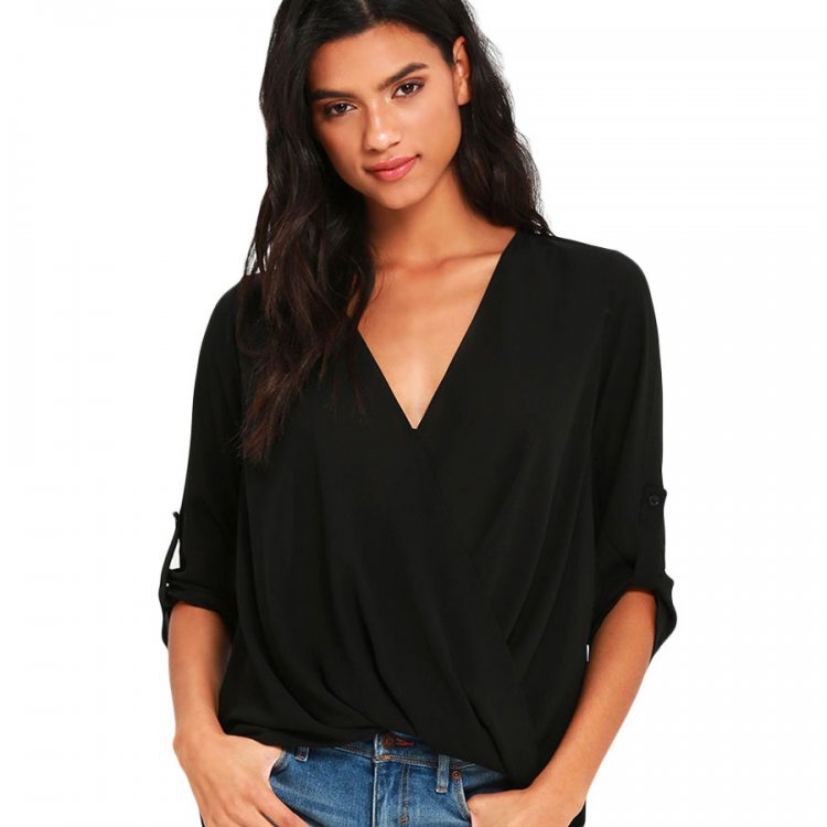 Black V Neck Ruffle Loose Fit Blouse Top