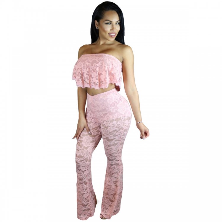 Pink Ruffle Lace Crop Top Wide Leg Pant Set