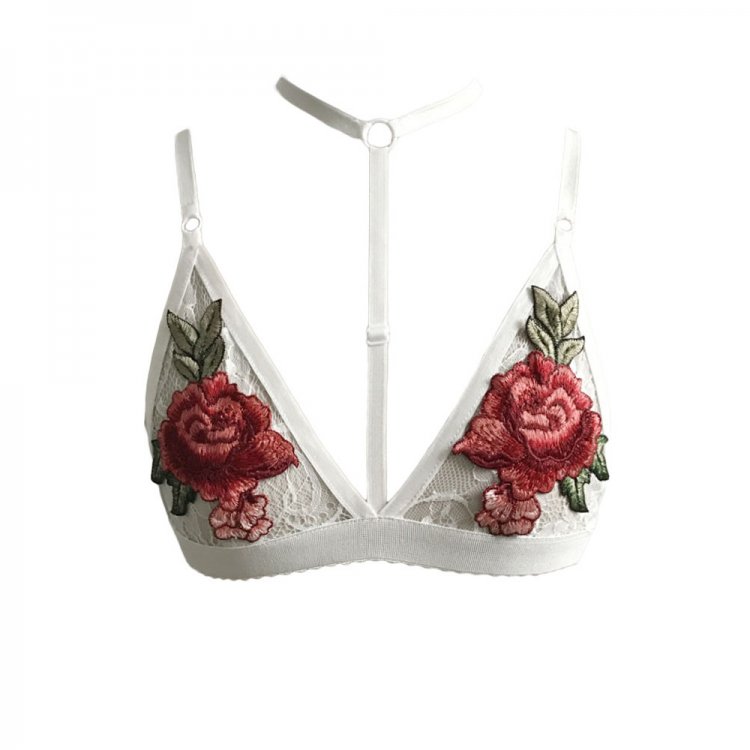 White Floral Embroidery Choker Bralette