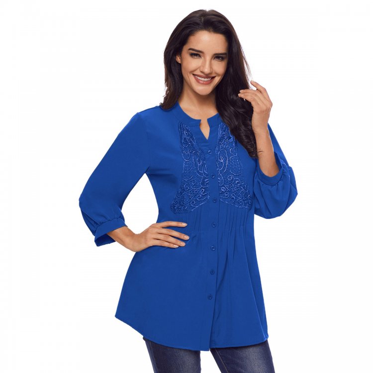 Blue Lace and Pleated Detail Button up Blouse