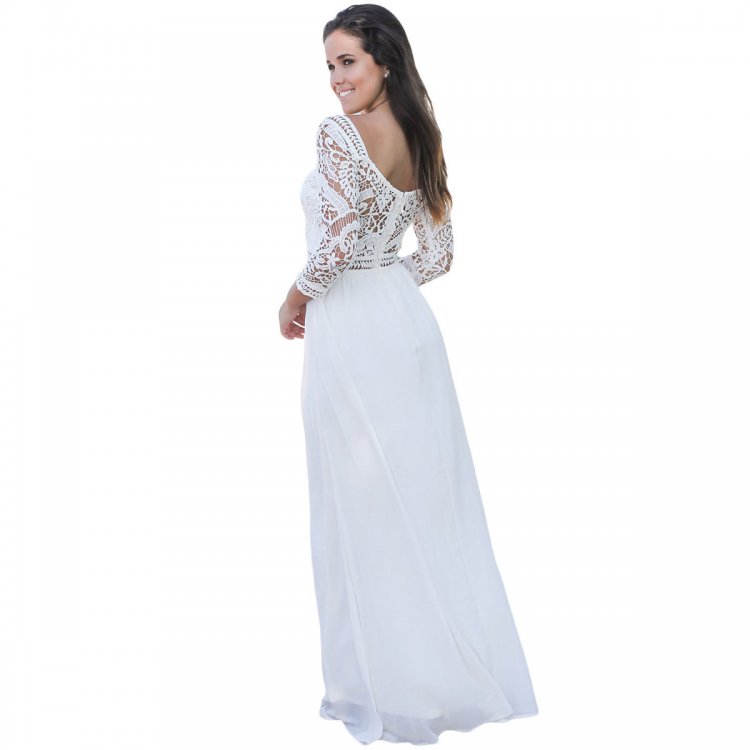 White Lace Crochet Quarter Sleeve Maxi Dress